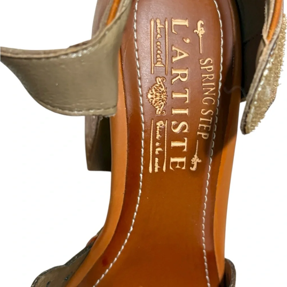 Spring Step Cognac Leather Platform Sandals with Carved Block Heel